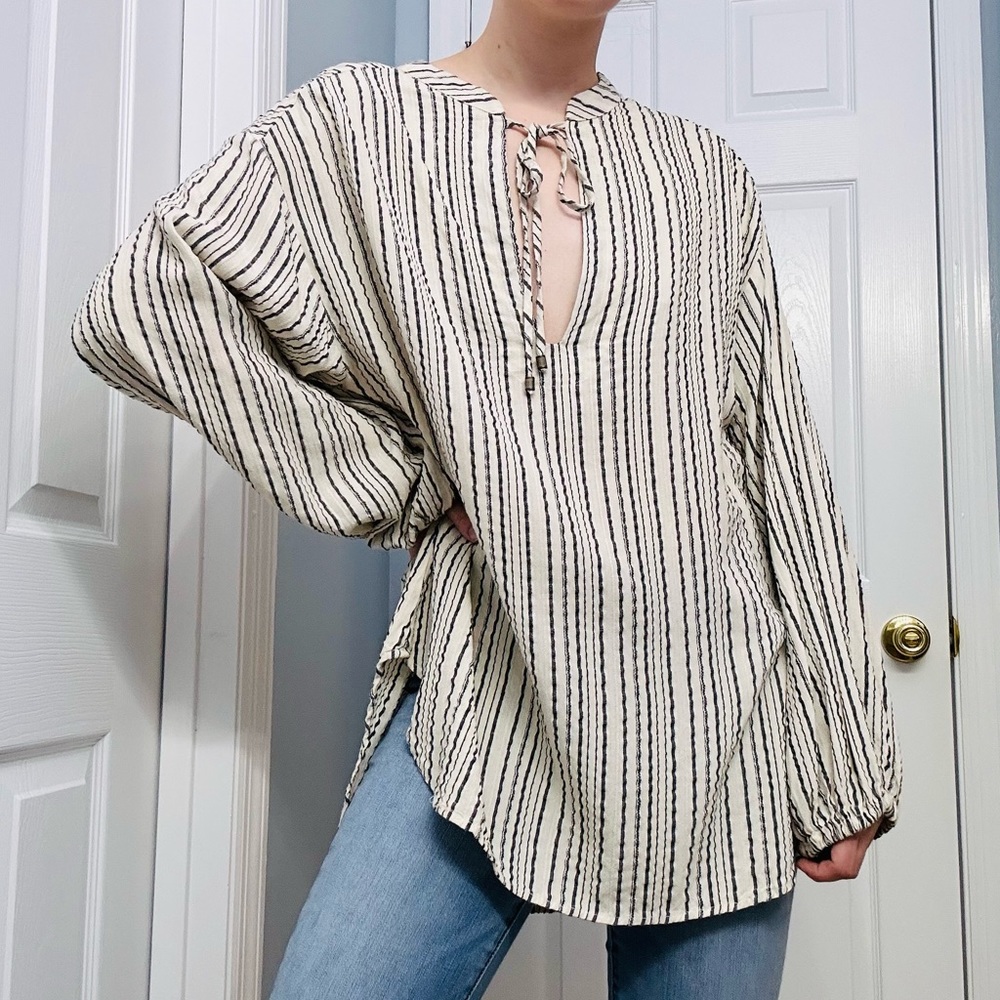 Free People Blouse Oversized Bishop Sleeves Striped Coastal Lagenlook Medium